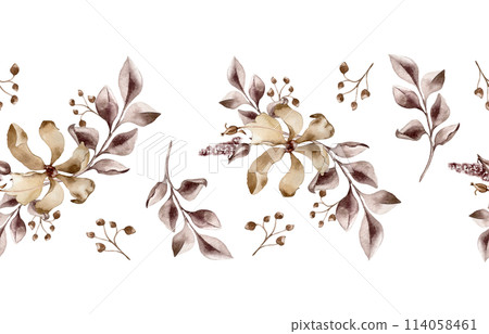 Monochrome flower and branch in maroon watercolor. Abstract plants in dark brown color seamless border isolated. Monotone sepia leaves hand drawn. Design of textile, package 114058461