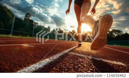 The feet of a track and field runner 114058462