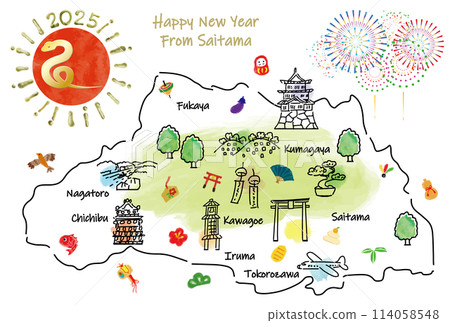 Illustrated map of tourist spots in Saitama prefecture New Year's card 2025 114058548