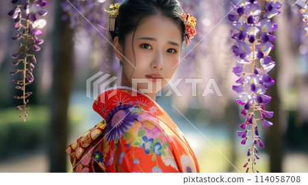 Young woman wearing wisteria flowers and kimono Young woman wearing wisteria flowers and kimono 114058708