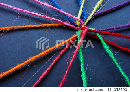 Connected colored threads as a concept of unity, teamwork and diversity. Connected colored threads as a concept of unity, teamwork and diversity. 114058790