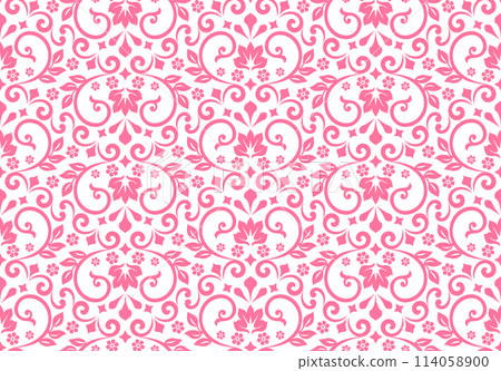 Wallpaper in the style of Baroque. Seamless vector background. White and pink floral ornament. Graphic pattern for fabric, wallpaper, packaging. Ornate Damask flower ornament Wallpaper in the style of Baroque. Seamless vector background. White and pink floral ornament. Graphic pattern for fabric, wallpaper, packaging. Ornate Damask flower ornament 114058900