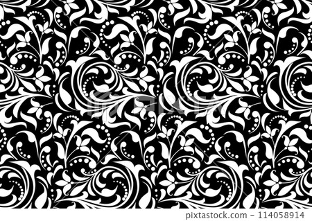 Flower pattern. Seamless white and black ornament. Graphic vector background. Ornament for fabric, wallpaper, packaging. 114058914