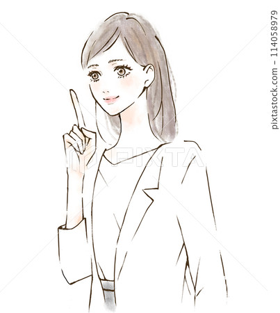 Inspiration: Illustration of a female office worker pointing at a point, hand-drawn, suit, white coat 114058979
