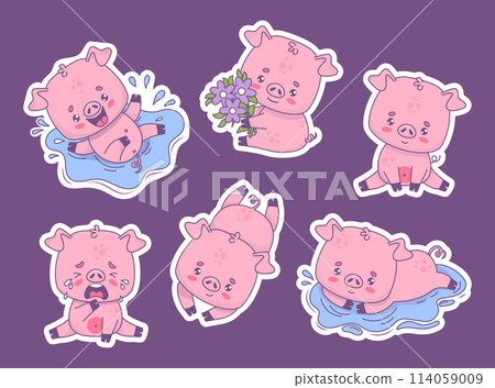 Cute funny pig stickers collection. Smiling piggy in water, with bouquet of flowers, happy and unhappy crying. Isolated cartoon kawaii animal character. Vector illustration. Kids collection. 114059009