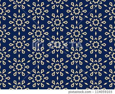 Abstract geometric pattern with lines, snowflakes. A seamless vector background. Golden and dark blue texture. Graphic modern pattern 114059103