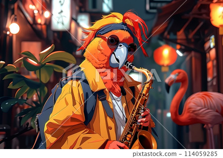 a colorful humanlike bird playing a saxophone in avi-fauna smoking jazz club of copacaban harlem black district full of bad looking gangster birds like eagles or flamingoes, cartoon manga anime a colorful humanlike bird playing a saxophone in avi-fauna smoking jazz club of copacaban harlem black district full of bad looking gangster birds like eagles or flamingoes, cartoon manga anime 114059285
