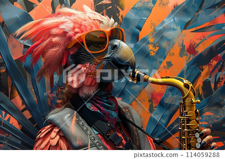 a colorful humanlike bird playing a saxophone in avi-fauna smoking jazz club of copacaban harlem black district full of bad looking gangster birds like eagles or flamingoes, cartoon manga anime 114059288