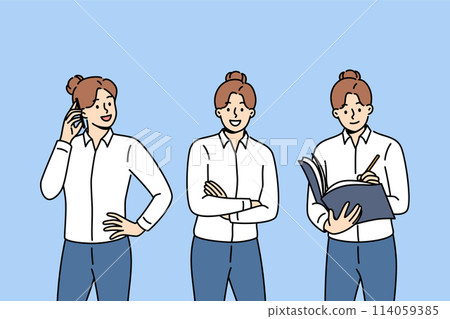 Businesslady is talking on phone, arranging partner meeting and making entry in journal 114059385