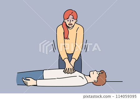 Woman nervous, giving heart massage to man who has fainted, pressing on chest muscles Woman nervous, giving heart massage to man who has fainted, pressing on chest muscles 114059395