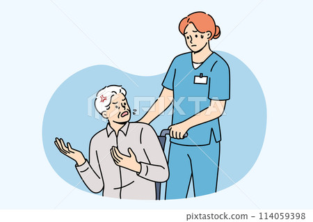 Angry patient in wheelchair swears at nurse, expressing dissatisfaction with healthcare system 114059398