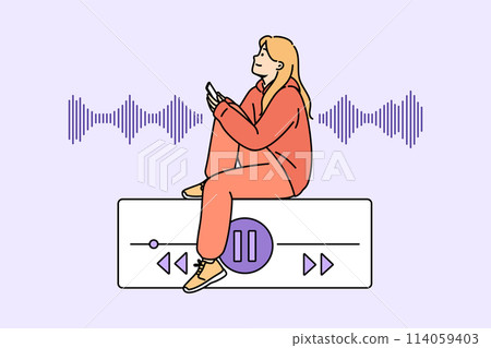 Teenage woman listens to music on phone while sitting near equalizer on buttons to control playlist Teenage woman listens to music on phone while sitting near equalizer on buttons to control playlist 114059403
