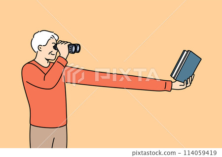 Myopic elderly man uses binoculars to read book, needs corrective surgery on eye pupils 114059419