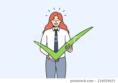 Business woman shows check mark as sign confirmation of plans for cooperation or completion project Business woman shows check mark as sign confirmation of plans for cooperation or completion project 114059423