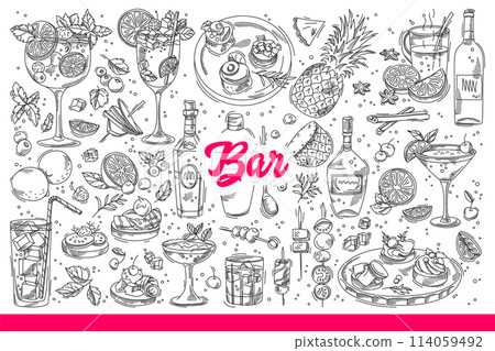 Alcoholic drinks from bar in bottles and glasses for cold cocktails. Hand drawn doodle 114059492