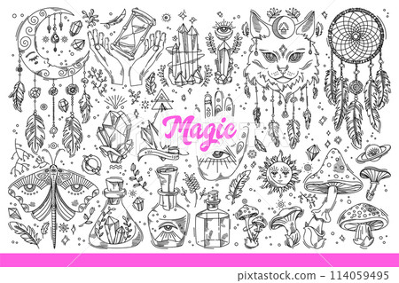 Magic and occult elements for esoteric rituals in otherworldly world. Hand drawn doodle. 114059495