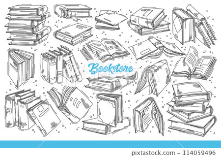 Bookstore inscription among books with fantastic literature or romantic stories. Hand drawn doodle. 114059496