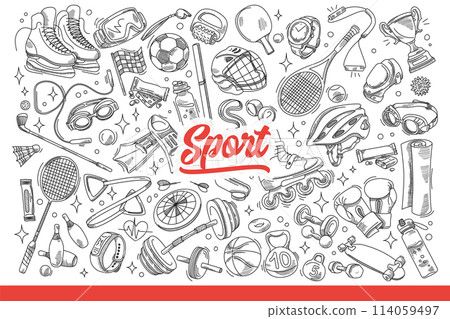 Sports inventory for fitness and physical education for healthy lifestyle. Hand drawn doodle. 114059497