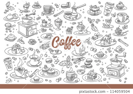 Coffee accessories and beans for delicious, invigorating breakfast. Hand drawn doodle. Coffee accessories and beans for delicious, invigorating breakfast. Hand drawn doodle. 114059504