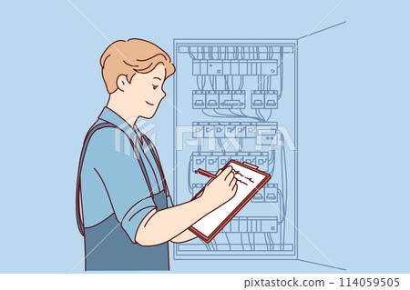 Man inspector checks electrical equipment installed in metal power panel, makes notes in clipboard Man inspector checks electrical equipment installed in metal power panel, makes notes in clipboard 114059505