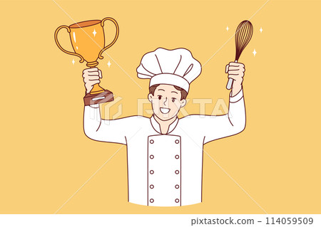 Man chef cook celebrates victory in professional culinary tournament, holds golden cup and whisk Man chef cook celebrates victory in professional culinary tournament, holds golden cup and whisk 114059509