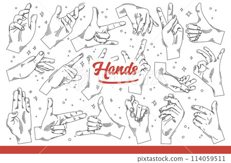 Gesturing hands of person giving non-verbal signal to interlocutor. Hand drawn doodle. 114059511