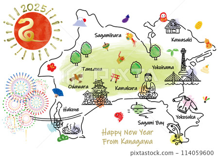 神奈川縣旅遊景點插畫圖2025新年賀卡 114059600