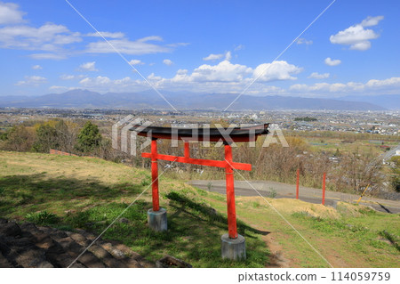 The view from the torii gate of Misaki Shrine, a cherry blossom shrine built on a hill overlooking the Kofu Basin in Kamimiyaji, Minami-Alps City, Yamanashi Prefecture The view from the torii gate of Misaki Shrine, a cherry blossom shrine built on a hill overlooking the Kofu Basin in Kamimiyaji, Minami-Alps City, Yamanashi Prefecture 114059759