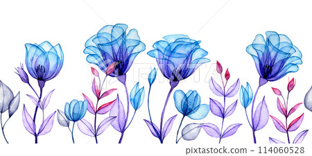 seamless border with blue transparent flowers. watercolor drawing, x-ray seamless border with blue transparent flowers. watercolor drawing, x-ray 114060528