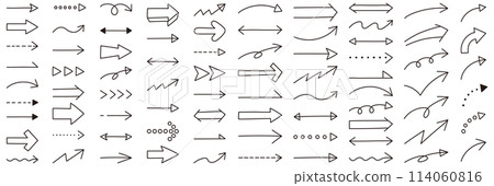 A vector illustration set of simple arrow icons. Handwritten, line, up, down, left and right 114060816