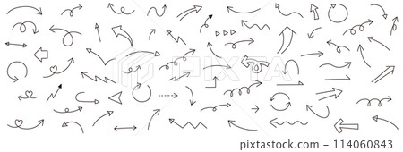 簡單箭頭圖示的向量插圖集。手寫、線條、上下、左右 簡單箭頭圖示的向量插圖集。手寫、線條、上下、左右 114060843