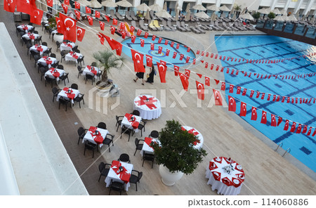 Tables in the restaurant decorated in Turkish style. Tables in the restaurant decorated in Turkish style. 114060886