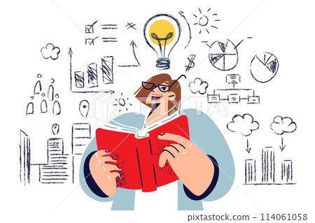 Woman marketing specialist reads book with ideas for promotions, standing among graphs and drawings 114061058
