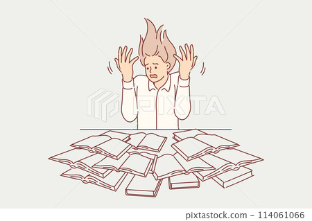 Woman student is screaming because of heavy educational load, sitting near table with many textbooks Woman student is screaming because of heavy educational load, sitting near table with many textbooks 114061066