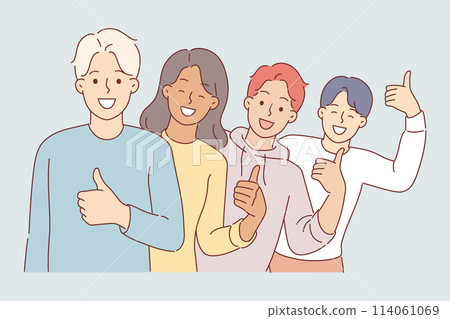 Happy students show thumbs up as sign of solidarity and approval of actions of university leadership Happy students show thumbs up as sign of solidarity and approval of actions of university leadership 114061069