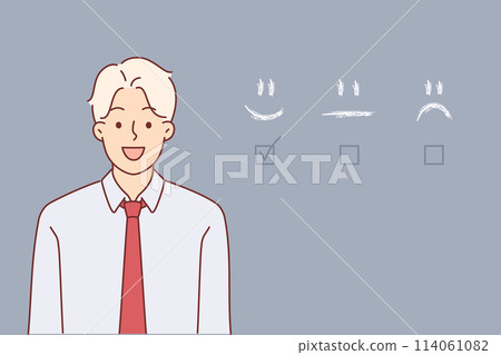 User experience business man, used services career consultant, standing near checkboxes with emojis 114061082