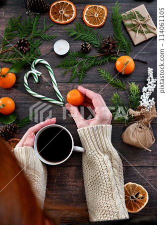 Merry Christmas and happy holidays Greeting card, the theme of the winter Christmas holiday. Flat surface 114061105