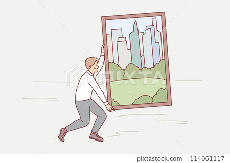 Man carries painting of green metropolis through desert, trying to achieve goal of building city Man carries painting of green metropolis through desert, trying to achieve goal of building city 114061117