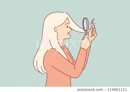 Split ends of hair bother girl with magnifying glass, needs trip to hairdresser. Split ends of hair bother girl with magnifying glass, needs trip to hairdresser. 114061131