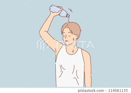 Man suffering from sunstroke pours water from bottle on head to cool down after long run 114061135