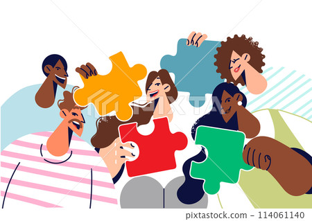 Group multiethnic students proud of tolerance at university, holding puzzle pieces in hands 114061140