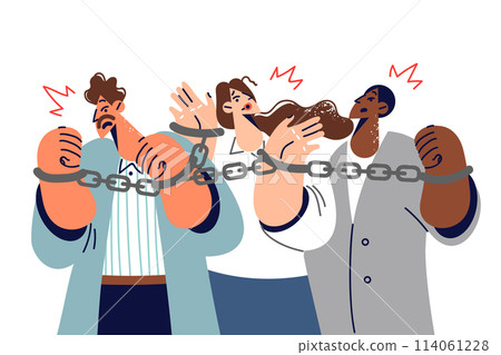 Business people bound by slave contracts experience discomfort due to handcuffs on hands 114061228