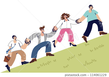 Friendly team of office workers climb hill together and hold hands, demonstrating teamwork skills Friendly team of office workers climb hill together and hold hands, demonstrating teamwork skills 114061229
