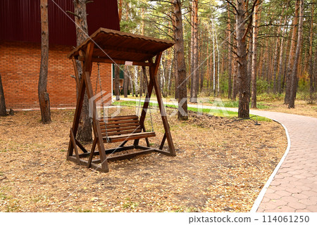 Wooden swing in the autumn forest. The concept of recreation. Autumn landscape. 114061250