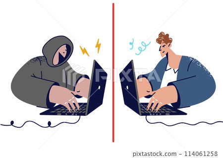 Hacker uses social engineering by communicating with company employee via laptop Hacker uses social engineering by communicating with company employee via laptop 114061258