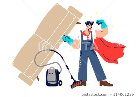 Man janitor superhero demonstrates strength by lifting heavy sofa, standing next to vacuum cleaner Man janitor superhero demonstrates strength by lifting heavy sofa, standing next to vacuum cleaner 114061259