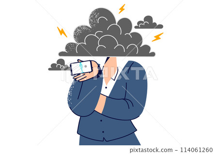 Woman uses cloud technologies to exchange messages with colleagues, stands under cloud covering head Woman uses cloud technologies to exchange messages with colleagues, stands under cloud covering head 114061260