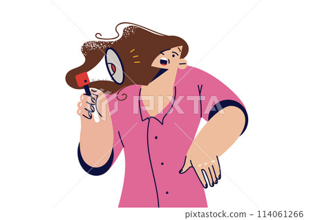Scared woman hears notification from megaphone, feels embarrassed because of spam or intrusive ads 114061266
