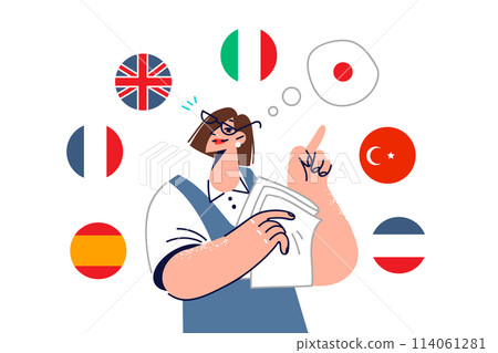 Woman translator calls for learning different languages, standing among national flags 114061281