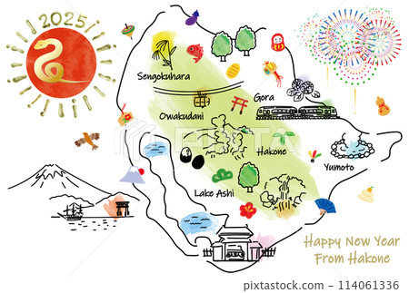 Hakone tourist spot illustrated map New Year's card 2025 114061336
